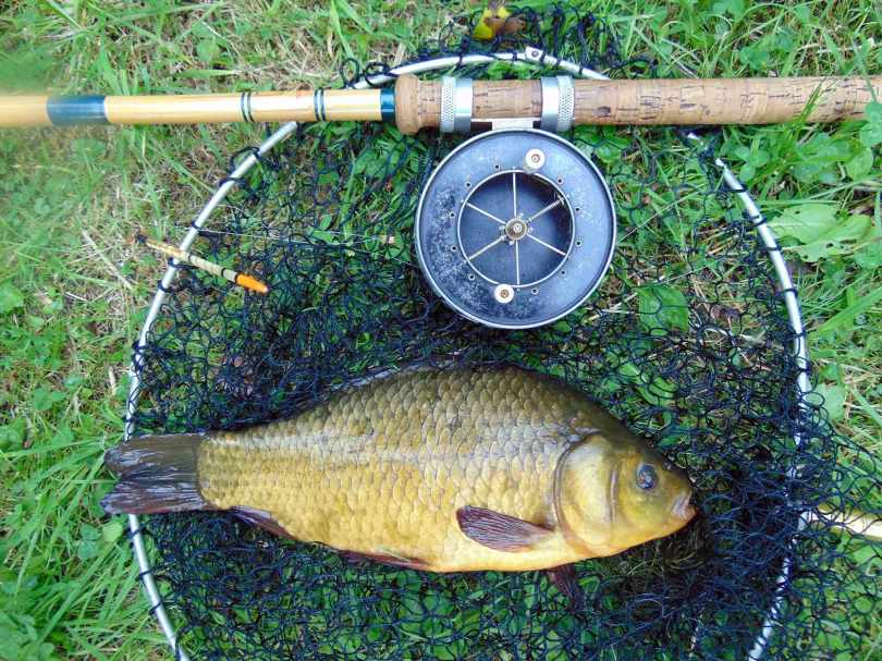 Picture of a 2lb 11oz Crucian Carp with an Edgar Sealey Floatcaster De-Luxe rod and vintage landing net